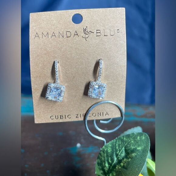 NEW! Square Halo Crystal Drop Earrings Silver Genuine Cubic Zirconia NWT - Picture 2 of 6